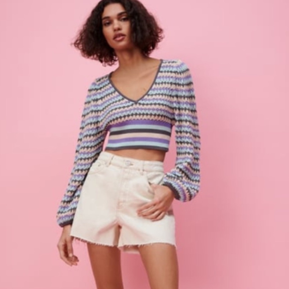 Zara Cropped Knit Crochet Sweater Multicolored - image 4